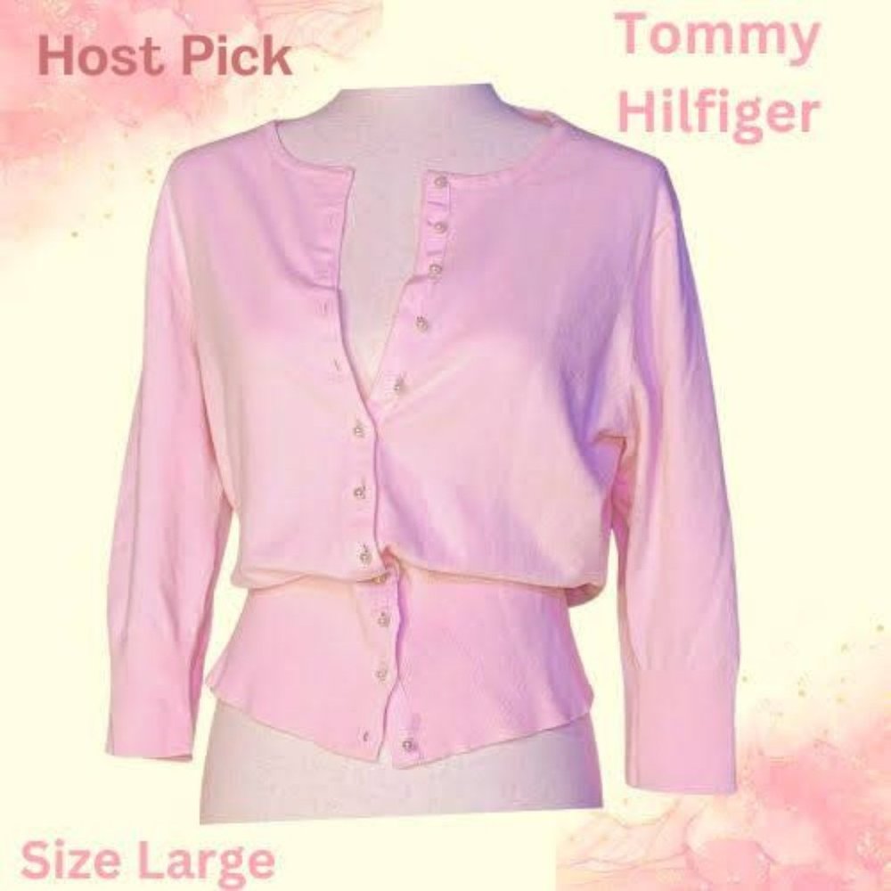 ✨Host Pick✨ Tommy Hilfiger Soft Pink Cardigan Pearl buttons ¾ sleeves SZ L Vntge